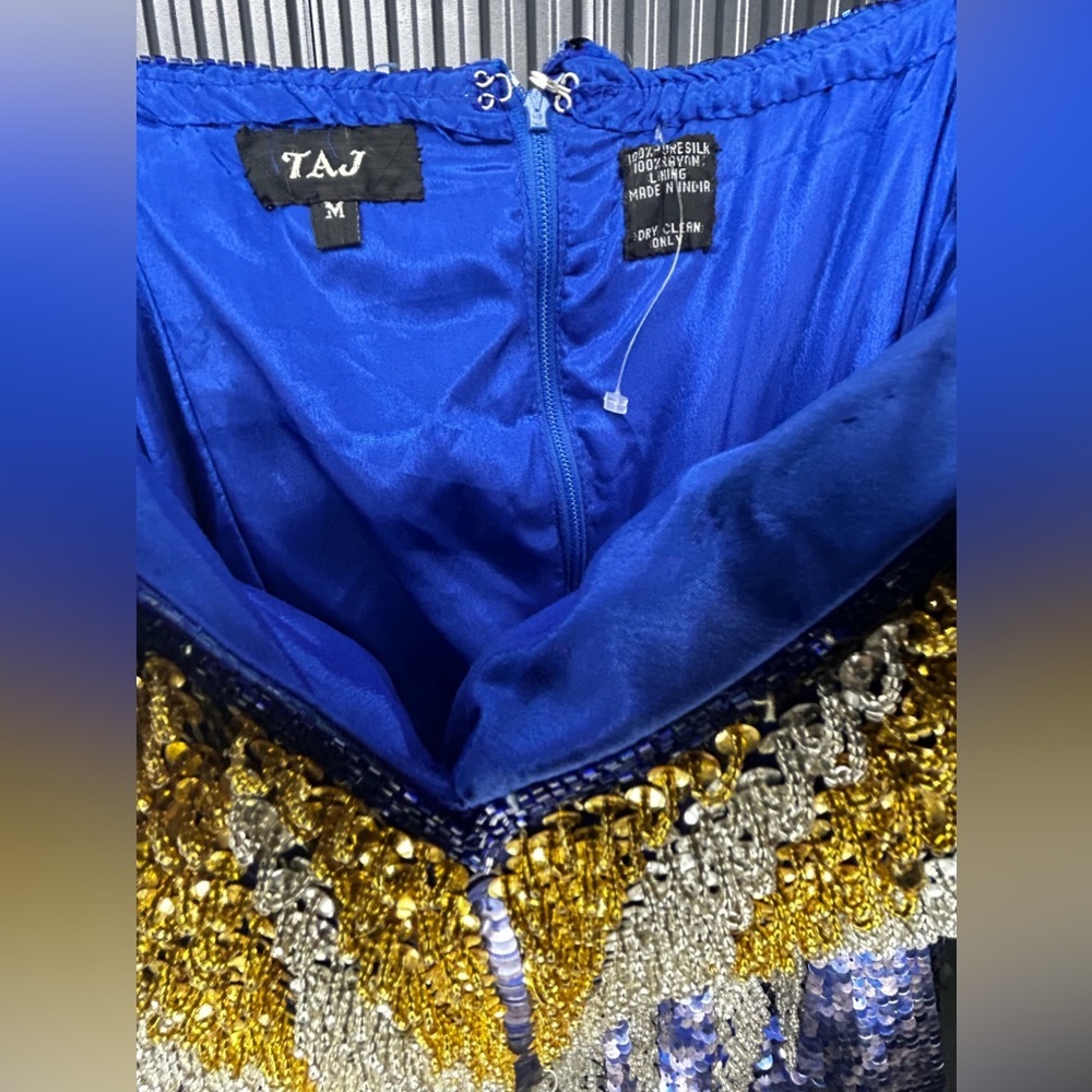 Womens Vintage TAJ Designer Sequin 70s Hand Crafted Blue Gold Strap Dress Medium - Picture 4 of 5